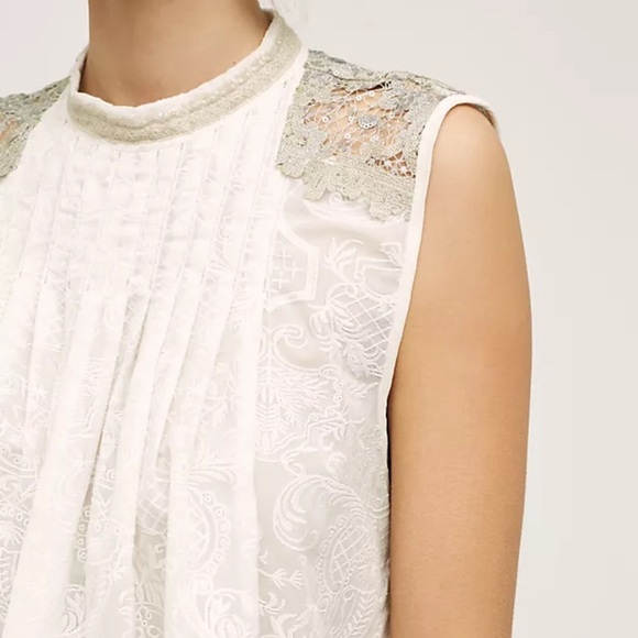 Anthropologie Tops - Anthropologie Tiny White Sheer Lace Embroidered High Neck Blouse Sequins XS